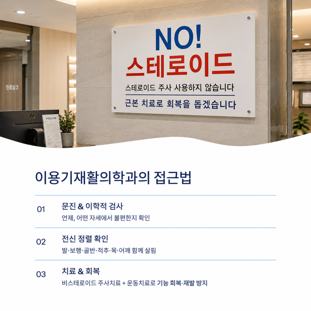 이용기재활의학과 문진 이학적 검사 전신 정렬 확인 비스테로이드 주사치료와 운동치료 안내