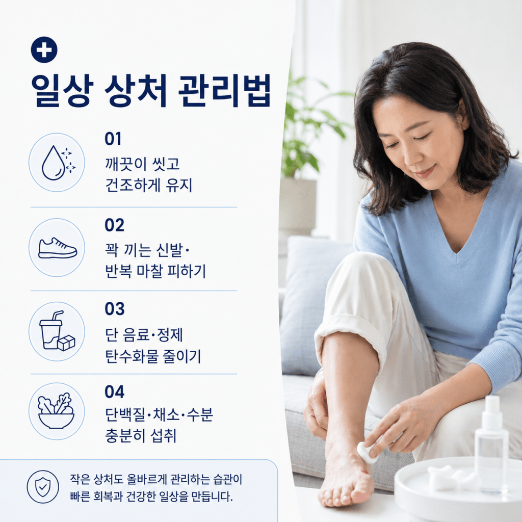 작은 상처 회복을 돕기 위한 일상 상처 관리와 식습관 조절 방법 안내 카드