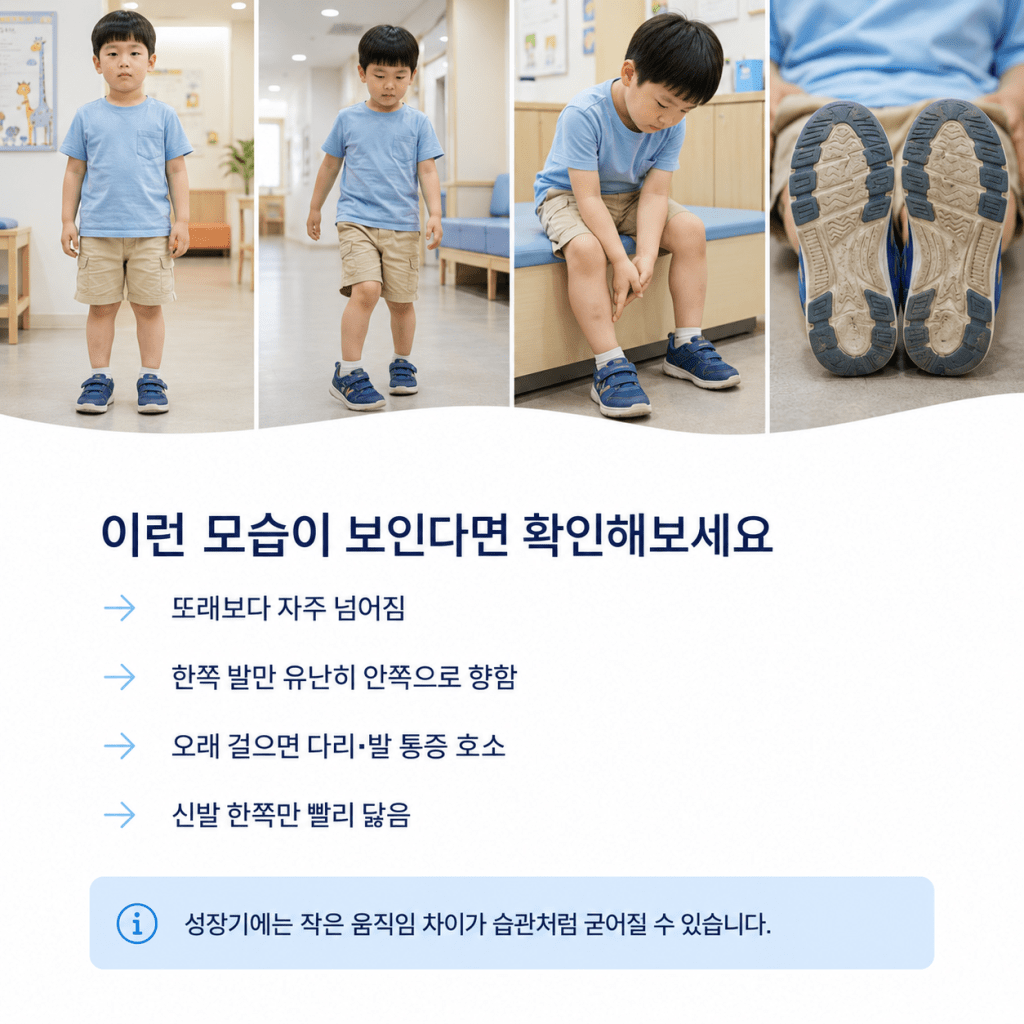 자주 넘어지는 아이와 한쪽 발 안짱걸음 신발 마모 등 진료 확인이 필요한 보행 신호 안내 이미지