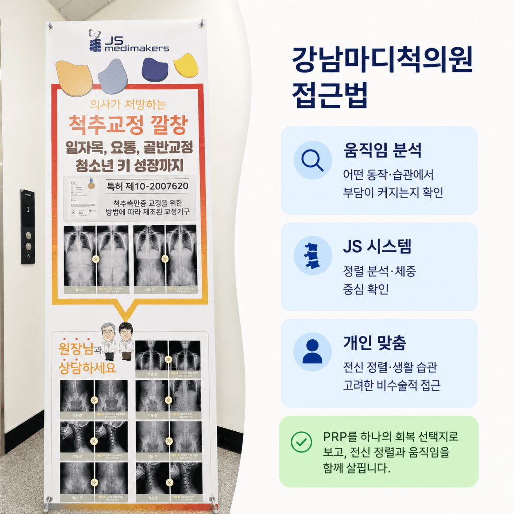 서귀포 강남마디척의원 PRP 주사 진료 전 움직임 분석 JS 시스템 정렬 평가 안내
