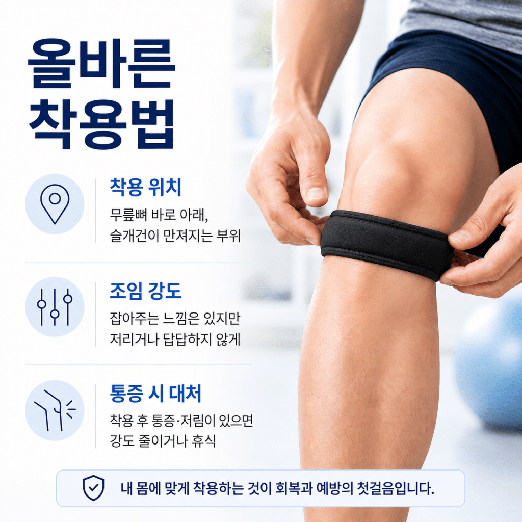 무릎뼈 바로 아래 슬개건 부위에 보호대를 착용하고 조임 강도를 조절하는 올바른 방법 설명 이미지