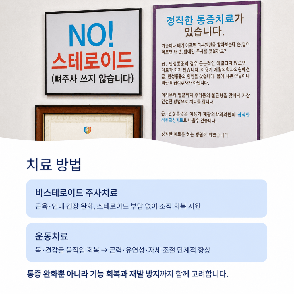 이용기재활의학과에서 반복되는 두통과 목·어깨 긴장에 대해 비스테로이드 주사치료와 운동치료로 기능 회복을 돕는 치료 방법 이미지