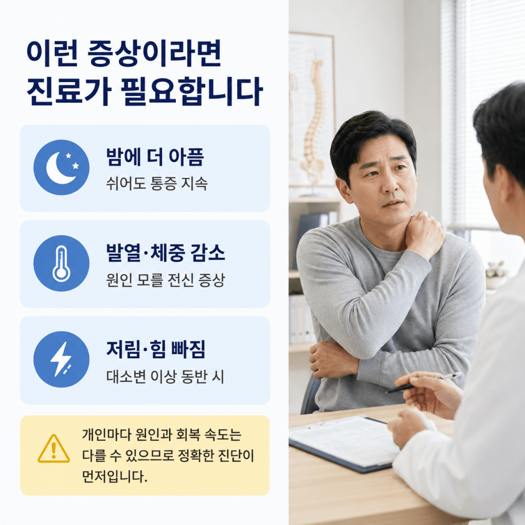 밤에 더 아프거나 발열 체중 감소 저림 힘 빠짐 대소변 이상이 있을 때 진료 필요 안내