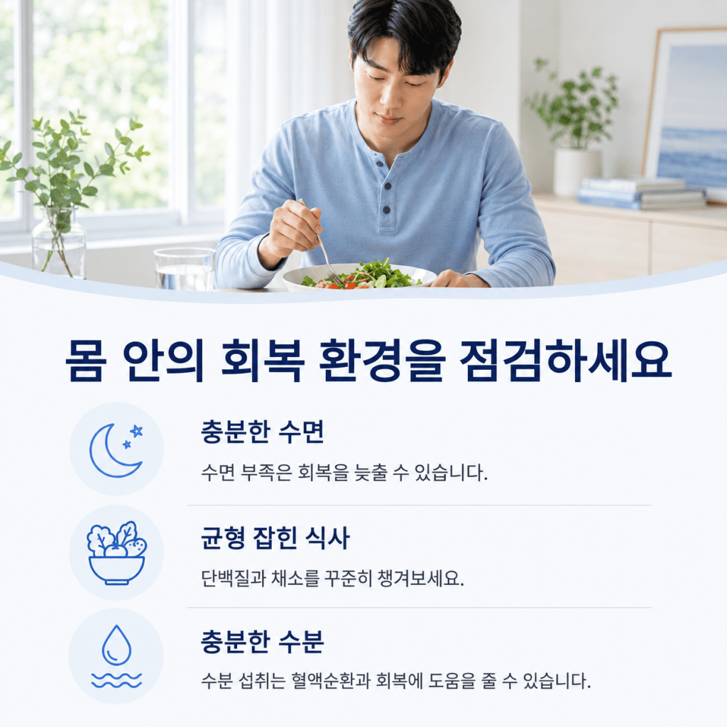 상처 회복을 돕기 위해 충분한 수면과 균형 잡힌 식사, 수분 섭취를 점검하는 생활관리 카드