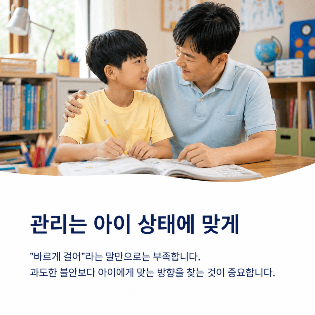 안짱걸음과 반복적으로 넘어지는 아이의 보행 관리는 아이 상태에 맞게 달라져야 한다는 안내 이미지