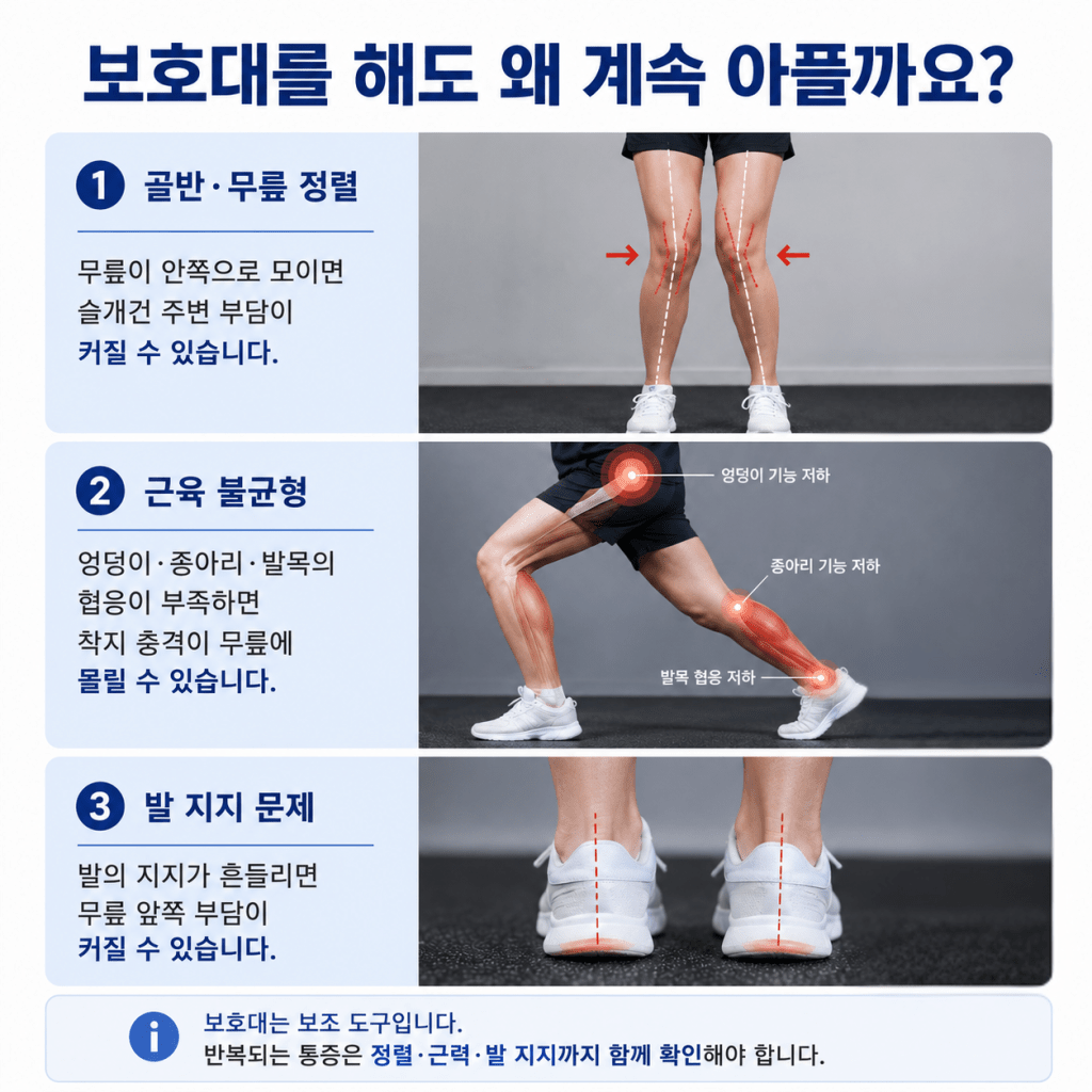보호대를 해도 러닝 후 무릎이 계속 아픈 이유로 골반과 무릎 정렬, 근육 불균형, 발 지지 문제를 설명하는 이미지