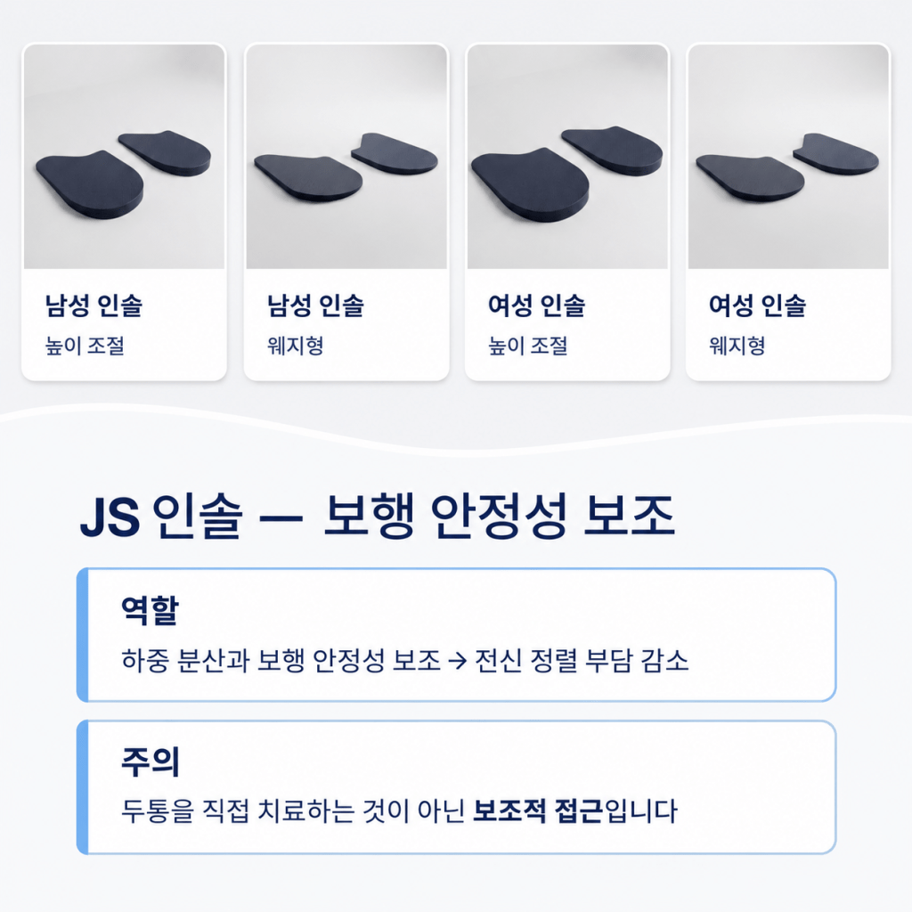 유성구 이용기재활의학과 JS 인솔이 하중 분산과 보행 안정성을 보조해 전신 정렬 부담을 줄이는 역할을 설명하는 이미지