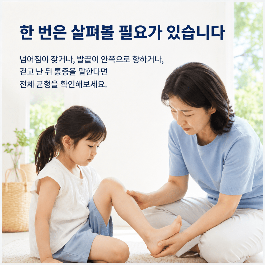 자주 넘어지는 아이와 안짱걸음 다리 통증이 있을 때 전체 균형 확인이 필요하다는 안내 이미지