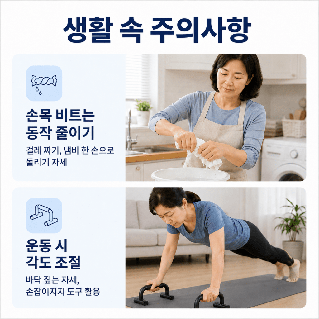손목 비트는 동작 줄이기와 운동 시 손목 각도 조절 등 생활 속 손목통증 주의사항