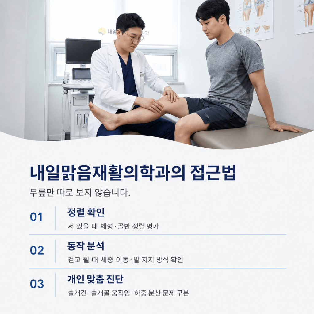 내일맑음재활의학과에서는 무릎 통증을 무릎만의 문제로 보지 않고 정렬, 체중 이동, 발 지지 방식까지 함께 확인합니다.