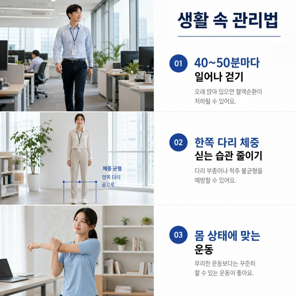 하루 끝 몸이 무거울 때 40분마다 걷기 체중 균형 운동 관리법 안내