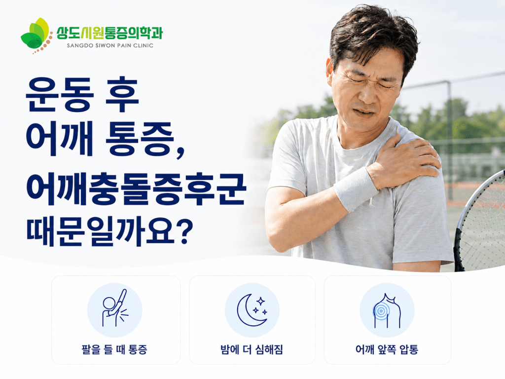 운동 후 어깨 통증과 어깨충돌증후군 증상을 설명하는 상도시원마취통증의학과 썸네일 이미지