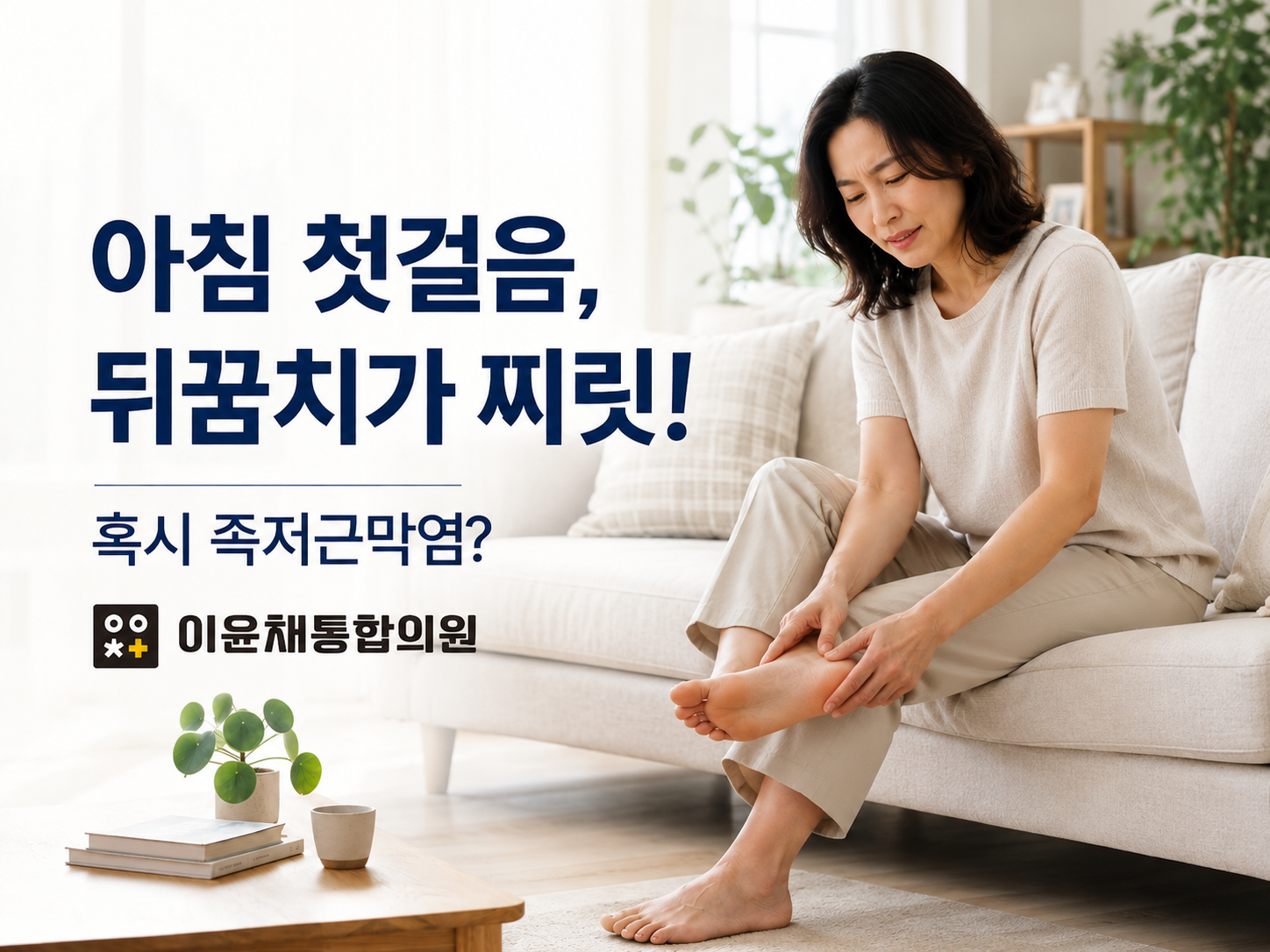 대구 북구 사수동 이윤채통합의원이 아침 첫걸음 뒤꿈치 통증과 족저근막염의 원인을 안내하는 대표 이미지