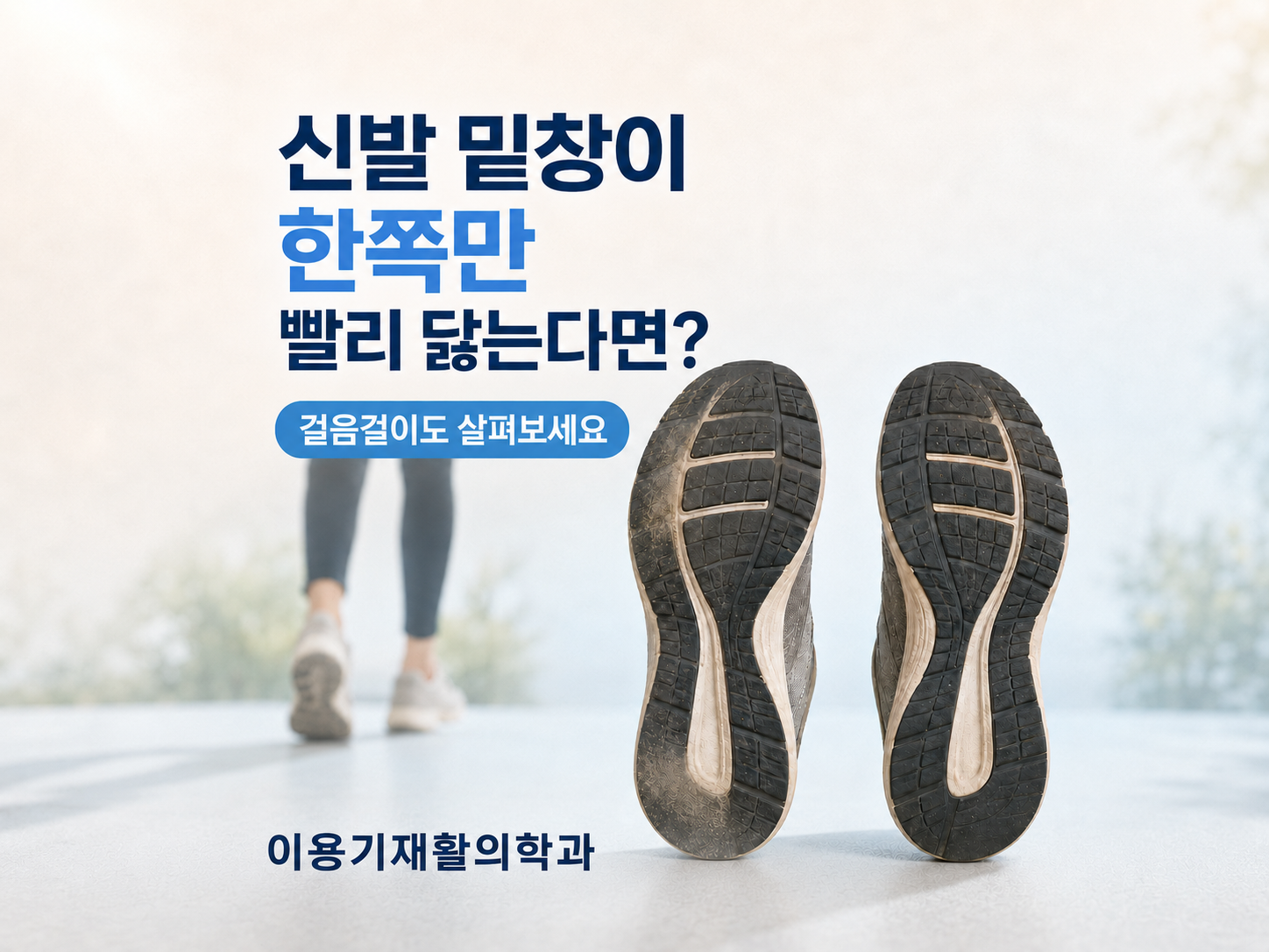 대전 정부청사역 재활의학과 이용기재활의학과에서 한쪽 신발 밑창 마모와 걸음걸이의 관계를 설명하는 대표 이미지
